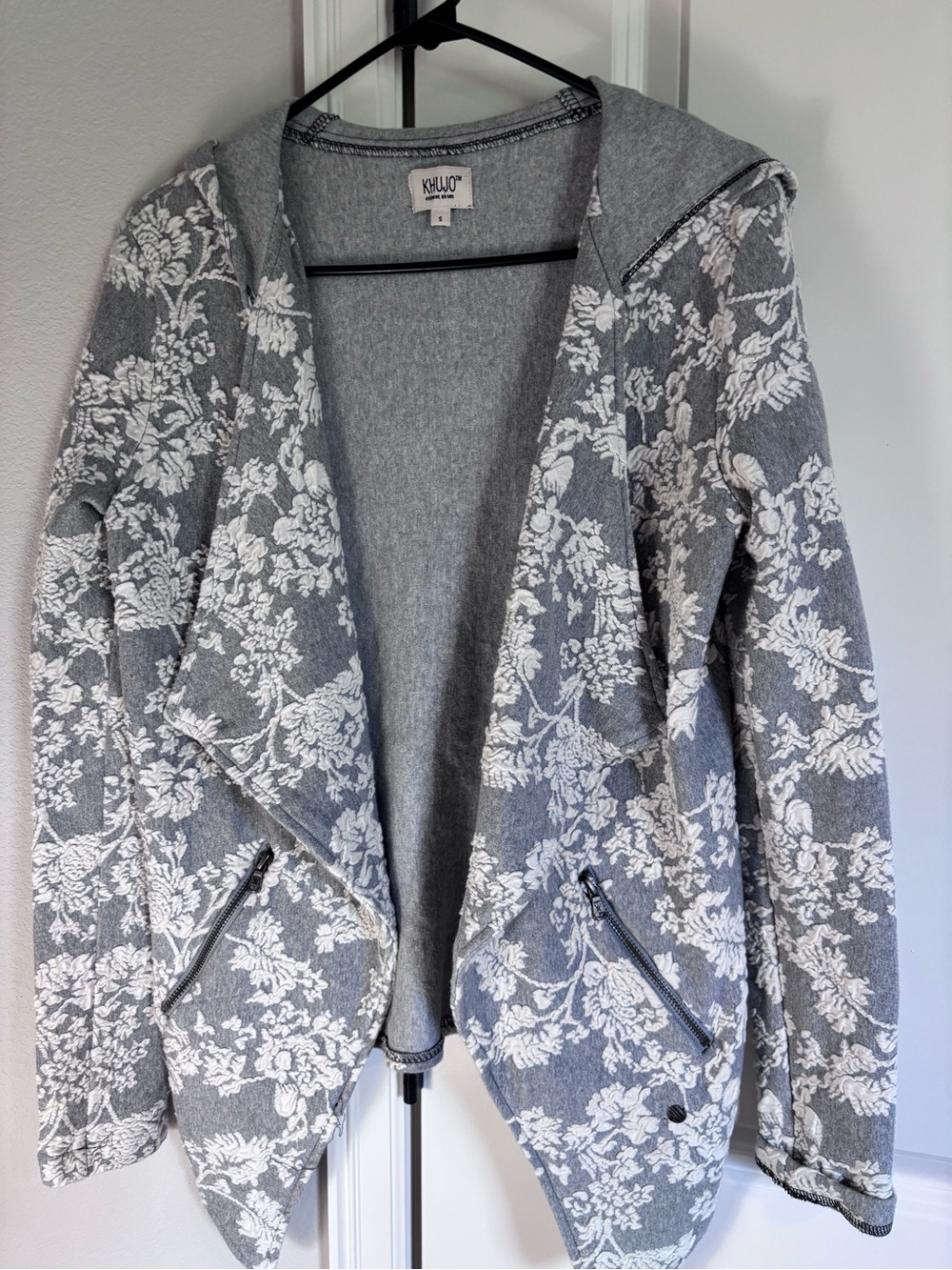Gray Floral Hooded Open Cardigan Sweater